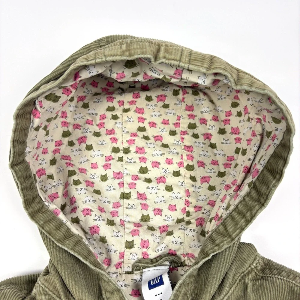 VTG Y2K Gap Kids Cat Print Corduroy Jacket Girls Sz S Olive Green‎ Cat Zipper